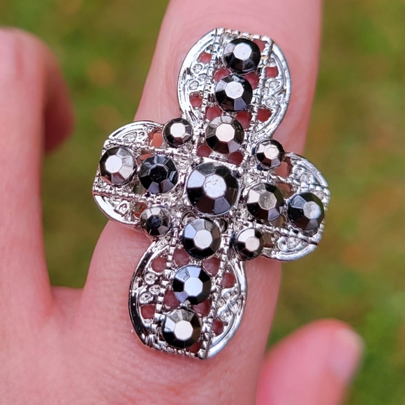 Joy of the Saints Silver Cross Black Crystal Gemstone Ring One Size Fits All - Picture 2 of 12